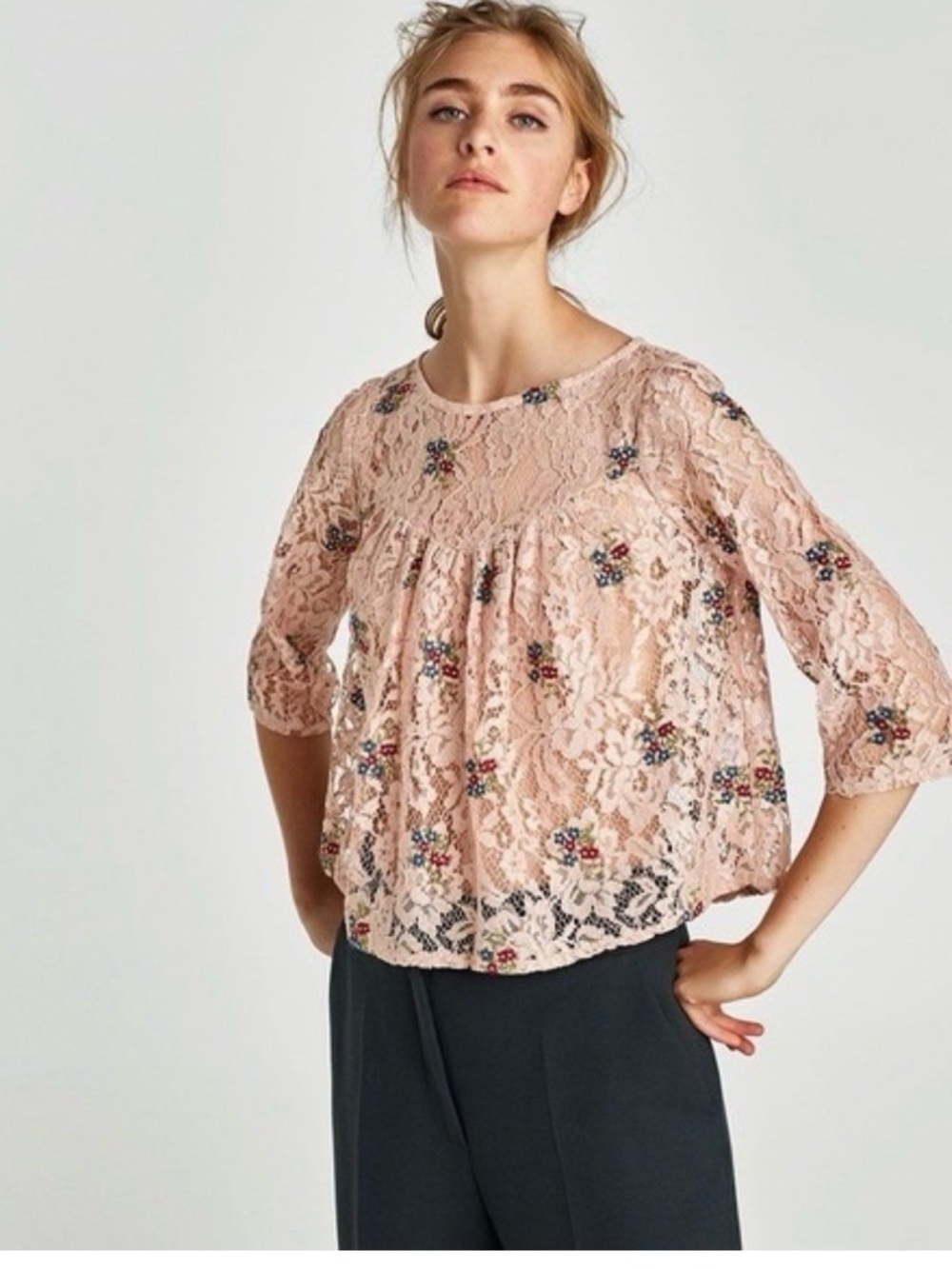 Zara peach Lace Embroidered Top M